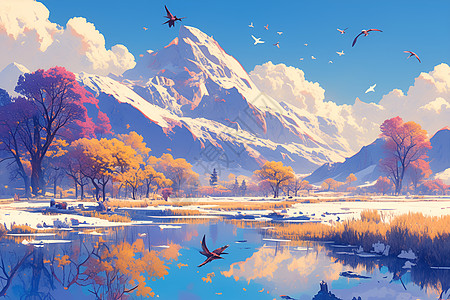 山湖幻境插画图片
