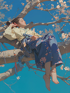 沉醉于樱花与蓝天中的女孩图片