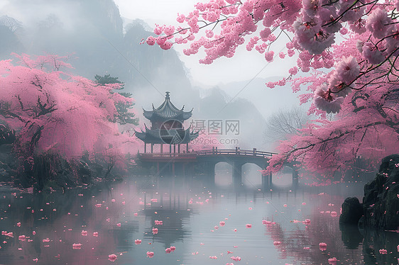 粉红天空下樱花桥图片