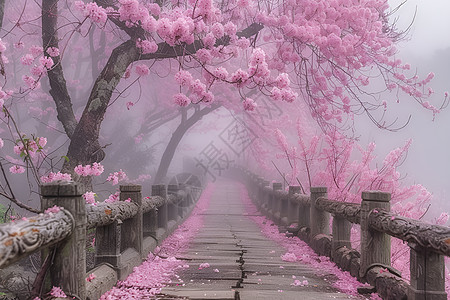 粉色薰衣草桥上樱花环绕插画