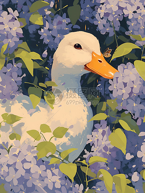 紫丁香丛中探头的小鸭子图片