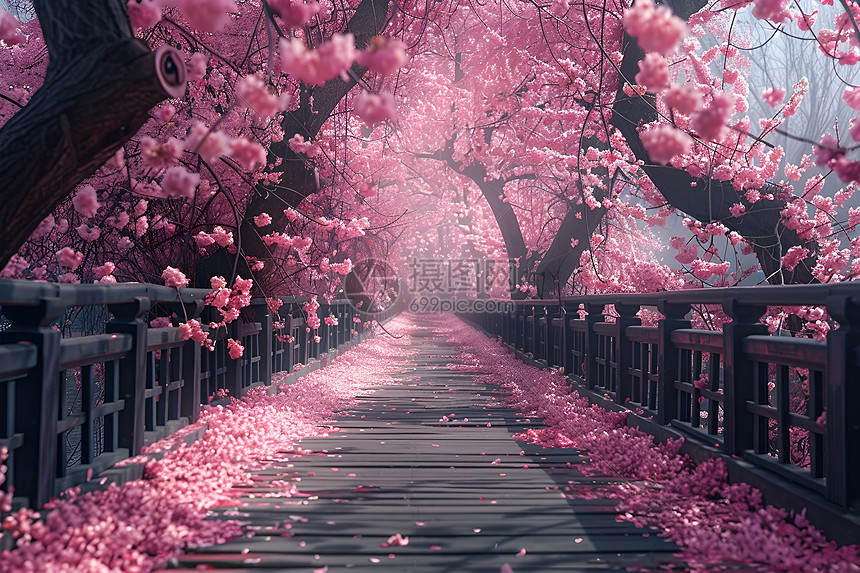 桥上铺满樱花图片