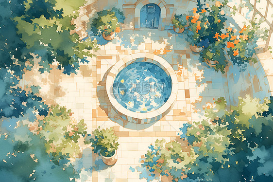 梦幻庭院中的池塘图片