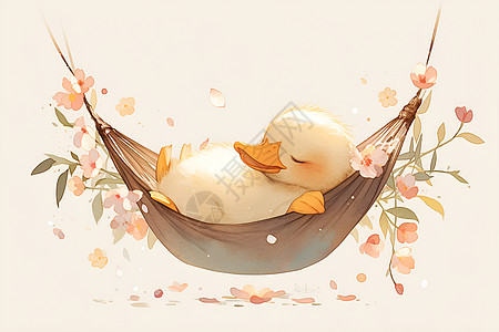悠闲小鸭在花瓣吊床上图片