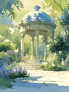 梦幻园林中的亭台背景图片