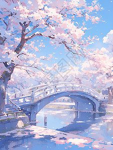 樱花桥唯美插画图片