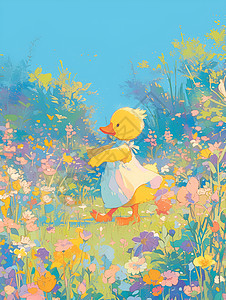 欢乐的小鸭在花丛中图片