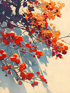 红色柿子树下的黄昏图片