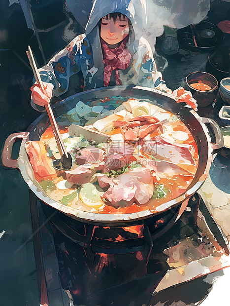 女子煮着一锅火锅图片