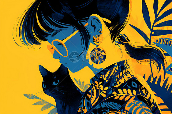 色彩背景上的猫咪和植物少女图片