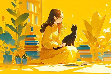 少女与猫共处图片