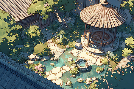 宫崎骏风格下的花园庭院图片
