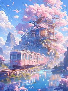 绘画的列车和樱花图片