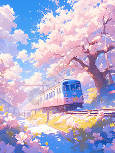 梦幻的火车和樱花图片