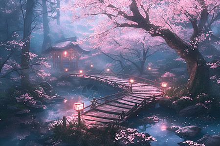 梦幻的花树和木桥图片