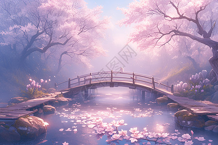 美丽的木桥和花树图片