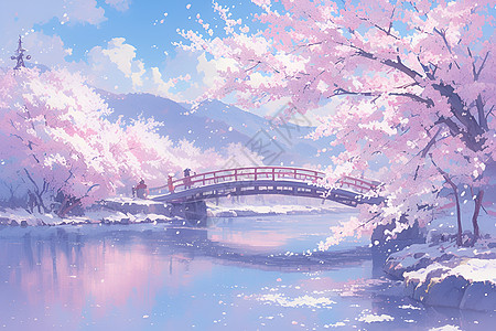 美丽的桥梁和花树图片