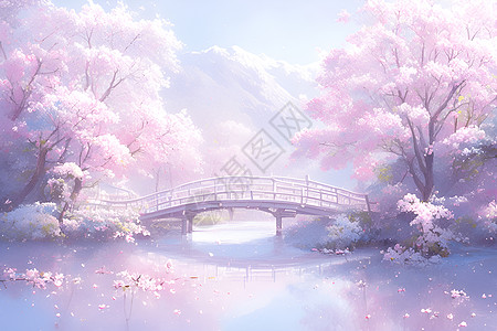 梦幻的花树和桥梁图片