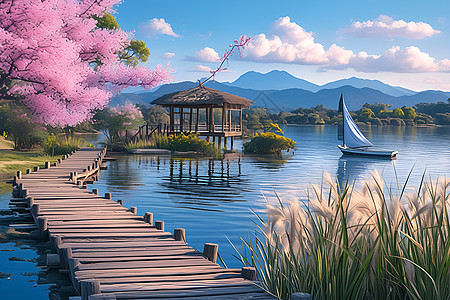 湖边的木桥和花树图片