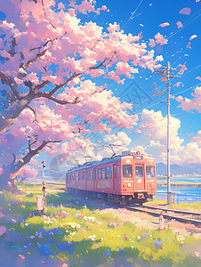 樱花树下行驶的列车插图图片