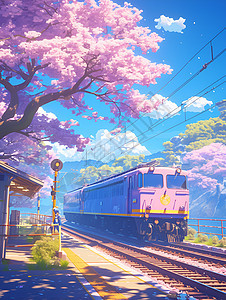 樱花树下的卡通列车图片