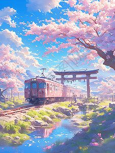 画作的火车和樱花图片