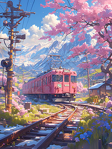 绘画的火车和樱花图片