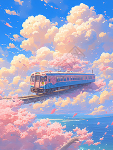 轨道上行驶的粉色火车图片