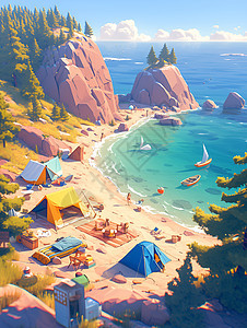 海边的卡通露营帐篷图片
