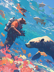 海底探险熊插画图片