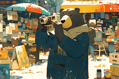 忙碌市场中的熊拿着相机图片
