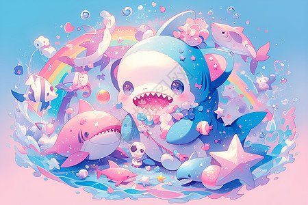 彩色的鲨鱼插画背景图片