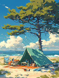 沙滩露营插画图片