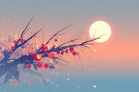 夕阳余晖下的红色柿子枝影图片