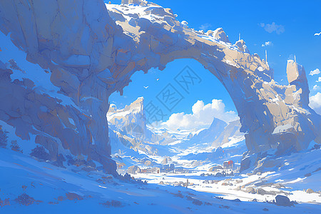 雪景中的古石拱门背景图片