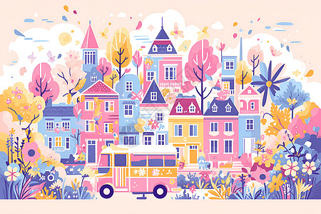 粉色巴士穿行在城市中图片