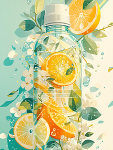 果汁瓶与花朵图片