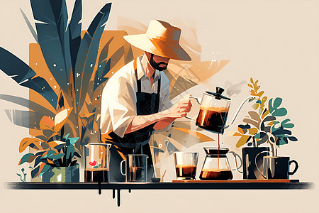 星巴克咖啡店咖啡师在简约环境中冲泡咖啡插画