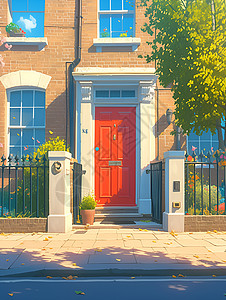 街道房子的红色大门图片