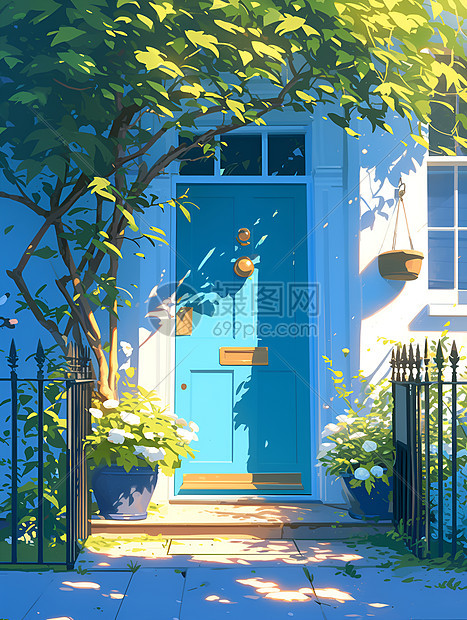 阳光下的蓝色大门和树荫图片