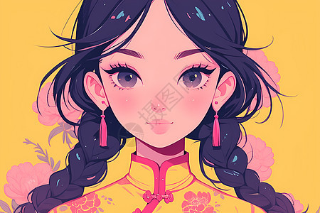 可爱的中国小女孩穿着黄色旗袍图片