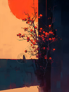 夕阳下的红柿子与树枝图片