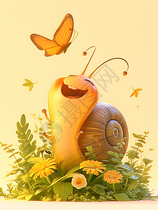 快乐蜗牛与蝴蝶幸福相伴图片