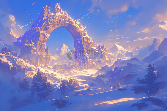 冰雪世界中的巍峨石拱桥图片