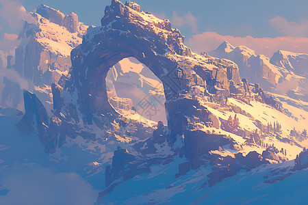 雪山之巅的石拱门图片