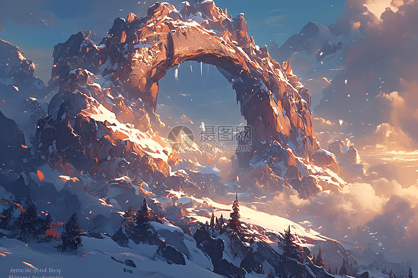 神秘雾山中的巨大石拱门图片
