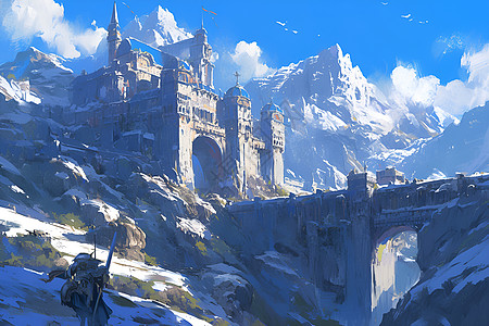 冬日晨曦照耀下的雪白城堡图片
