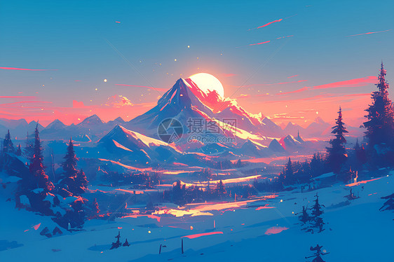 冰雪山峰日落美景图片