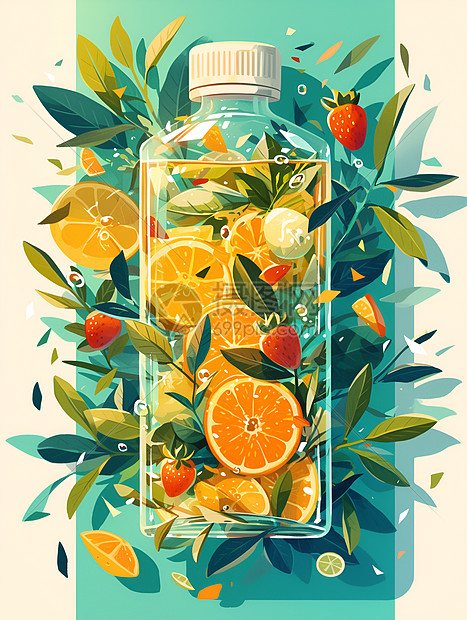 果汁瓶与水果艺术融合图片