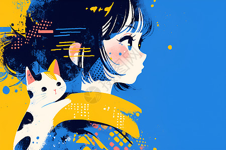 卡通女孩和猫背景图片